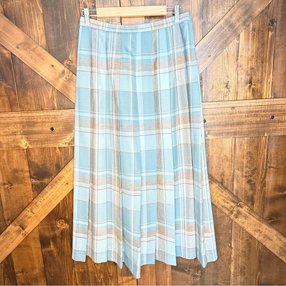Vintage Pendleton Wool Pleated Side Zip Blue Tan Plaid Midi Skirt Size 10